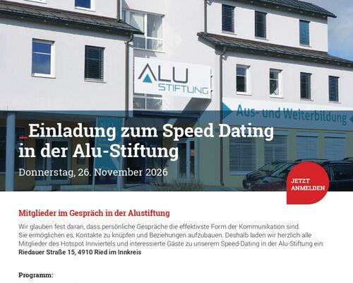 Einladung zum Speed Dating in der ALU-Stiftung am 26. November 2026 mit Informationen zu Programm und Anmeldung.